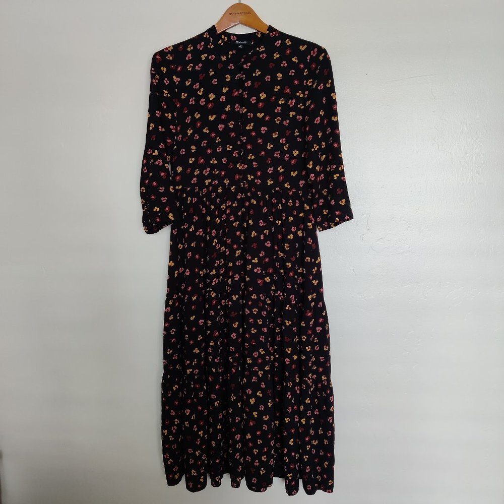 Madewell Printed Midi Tiered Dress Black Flower XS